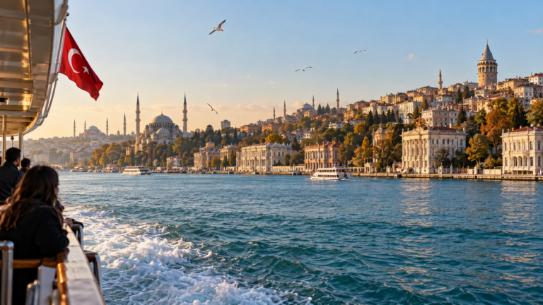 Passenger ferry cruising along the Bosphorus with views of historic Istanbul mosques and Galata Tower in autumn