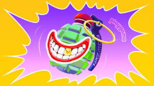 A grenade mockup with a smiley face on top of it with bright colors. The text Hazmob is written on the pin and Playgama text on the background