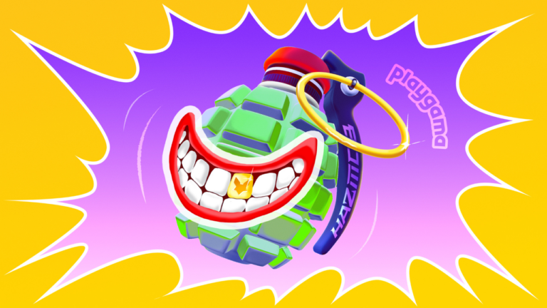 A grenade mockup with a smiley face on top of it with bright colors. The text Hazmob is written on the pin and Playgama text on the background