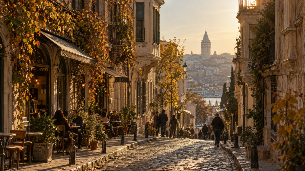 Cobblestone street in Galata lined with outdoor cafes and autumn foliage leading toward Galata Tower in Istanbul