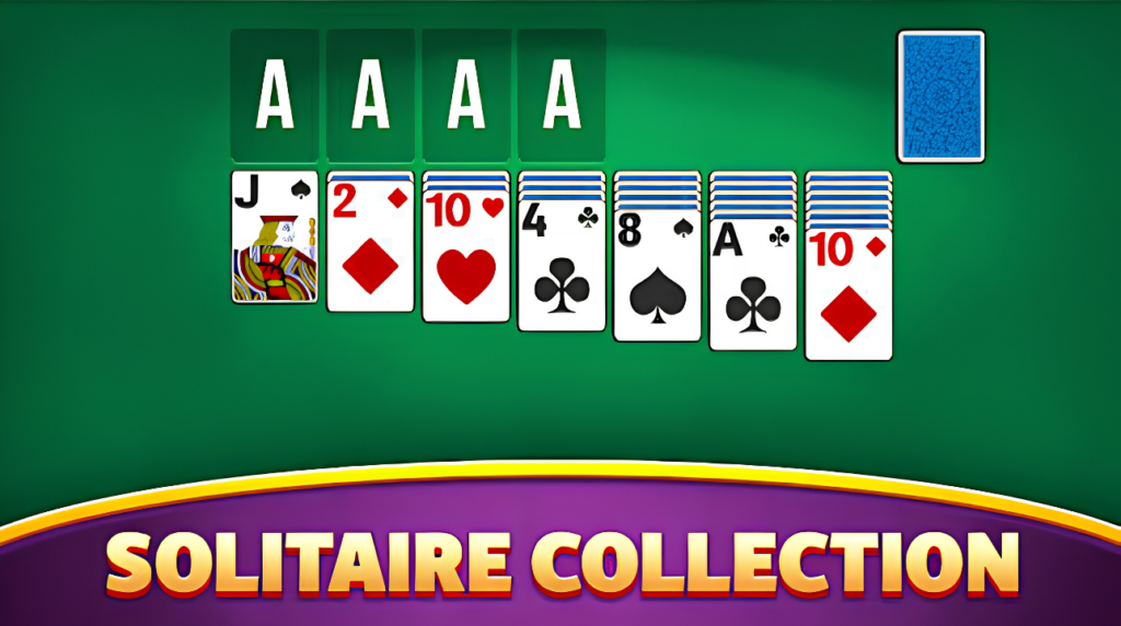 Solitaire Collection promotional image with playing cards on a green table and the game title below